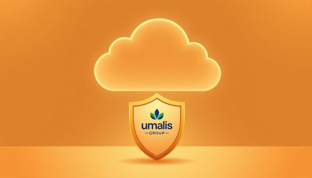 A serene, minimalist illustration depicting financial stability insurance provided by the Umalis Group. In the foreground, a solid, sturdy shield emblazoned with the Umalis Group logo serves as the foundation, representing protection and security. In the middle ground, a tranquil, cloud-like shape envelops the shield, symbolizing the stability and peace of mind that the insurance offers. The background features a warm, golden glow, creating a sense of financial well-being and prosperity. The overall composition conveys a feeling of trust, reliability, and the assurance of financial resilience.