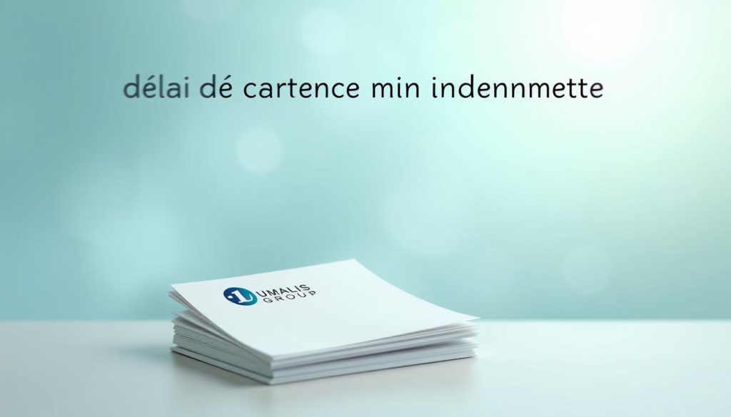 A serene, minimalist illustration depicting the concept of "délai de carence indemnités" for an insurance article. In the foreground, a stack of official-looking documents with the Umalis Group logo, symbolizing the insurance policy. In the middle ground, a calming, blurred background with soft gradients of soothing blues and greens, conveying a sense of tranquility. The lighting is soft and diffused, creating a pleasant, professional atmosphere. The overall composition is clean and uncluttered, allowing the key elements to take center stage. The image reflects the subject of "Délai de carence et durée de versement" with a visually striking, yet informative representation.