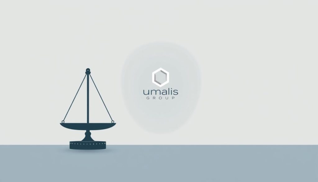 A serene, minimalist illustration of the concept of "risk management" for the Portage Salarial article section. In the foreground, a pair of balanced scales symbolize the careful weighing of risks and rewards. The middle ground features a stylized Umalis Group logo, representing the professional guidance and expertise. In the background, a soft geometric pattern evokes a sense of structure and control. The overall tone is one of thoughtful, measured approach to navigating the complexities of Portage Salarial. Muted color palette, clean lines, and subtle textures create a calm, authoritative visual.