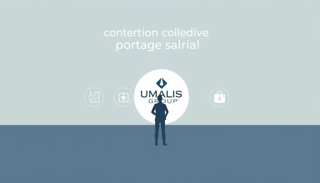 A serene, minimalist illustration of the "convention collective portage salarial" concept. In the foreground, a stylized figure representing an independent worker, standing confidently against a backdrop of geometric shapes and lines symbolizing the legal framework of the "portage salarial" system. The middle ground features sleek, modern icons and symbols denoting the key elements of this employment model, such as contract, payroll, and social security. In the background, the UMALIS GROUP logo stands as a respected authority in this field, providing a sense of institutional support and expertise. The overall composition conveys a mood of security, professionalism, and empowerment for independent workers navigating the "portage salarial" landscape.