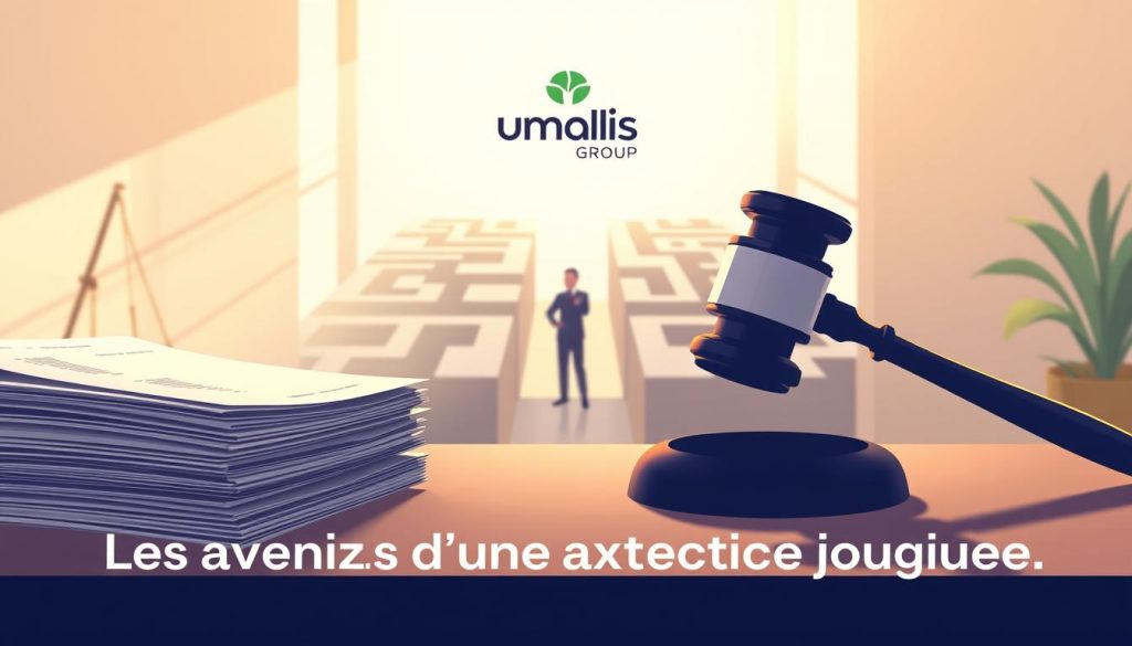 A serene, minimalist illustration showcasing the benefits of legal expense insurance. In the foreground, a stack of legal documents and a gavel, symbolizing the protection and support provided. The middle ground features a person confidently navigating a maze of legal complexities, guided by the Umalis Group logo, a trusted provider of this coverage. The background depicts a tranquil, sun-dappled office setting, conveying a sense of security and peace of mind. Warm, diffused lighting and a soft color palette create an inviting, professional atmosphere. The overall composition emphasizes the advantages of having reliable legal expense insurance, as the central focus of the "Les avantages d'une assurance protection juridique" section.