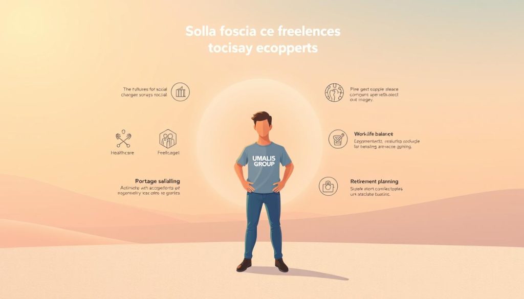 A serene, minimalist illustration showcasing the benefits of social protection for freelancers. In the foreground, a freelancer, represented by the UMALIS GROUP brand, stands confidently, surrounded by a soft, glowing aura symbolizing the security and freedom provided by the portage salarial system. The middle ground features stylized icons and graphics illustrating key advantages like healthcare, retirement planning, and work-life balance. The background depicts a tranquil, pastel-hued landscape, conveying a sense of harmony and contentment. Warm, diffused lighting casts a gentle, reassuring ambiance over the entire scene, emphasizing the peace of mind and empowerment that the portage salarial offers freelancers.