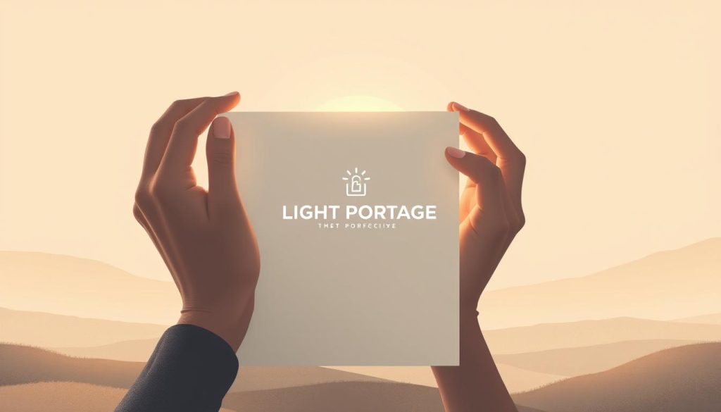 A serene, minimalist illustration showcasing the protection of intellectual property. In the foreground, a pair of hands carefully shields a glowing document, symbolizing the confidentiality and safeguarding of sensitive information. The middle ground features the LIGHT PORTAGE brand logo, subtly integrated into the scene, conveying the reliability and security of their services. The background depicts a muted, abstract landscape, evoking a sense of tranquility and the importance of maintaining privacy. Soft, diffused lighting casts a warm, contemplative tone, emphasizing the gravity of the subject matter. Overall, the image exudes a sense of professionalism, discretion, and the safeguarding of one's creative work.