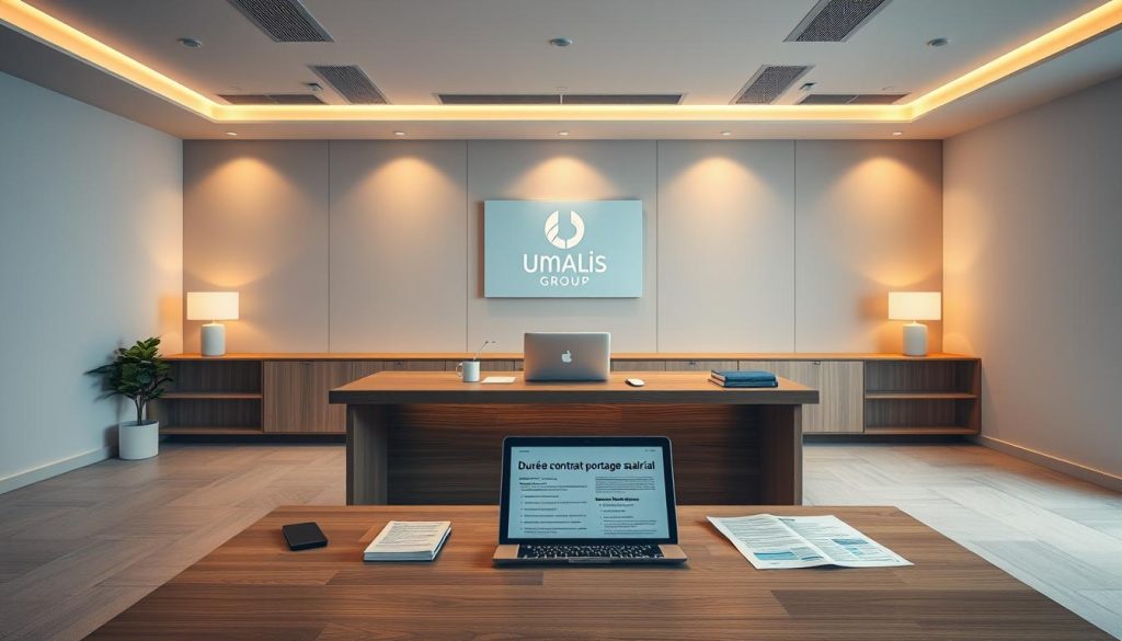 A serene, minimalist office interior with warm lighting and clean lines. In the center, a sleek wooden desk displays the Umalis Group logo, symbolizing the professional services offered. On the desk, various documents and a laptop convey the details of a "durée contrat portage salarial" - the duration of a temporary employment contract. The scene exudes an atmosphere of efficiency, organization, and trust, reflecting the expertise of the Umalis Group in navigating the complexities of this type of employment arrangement.