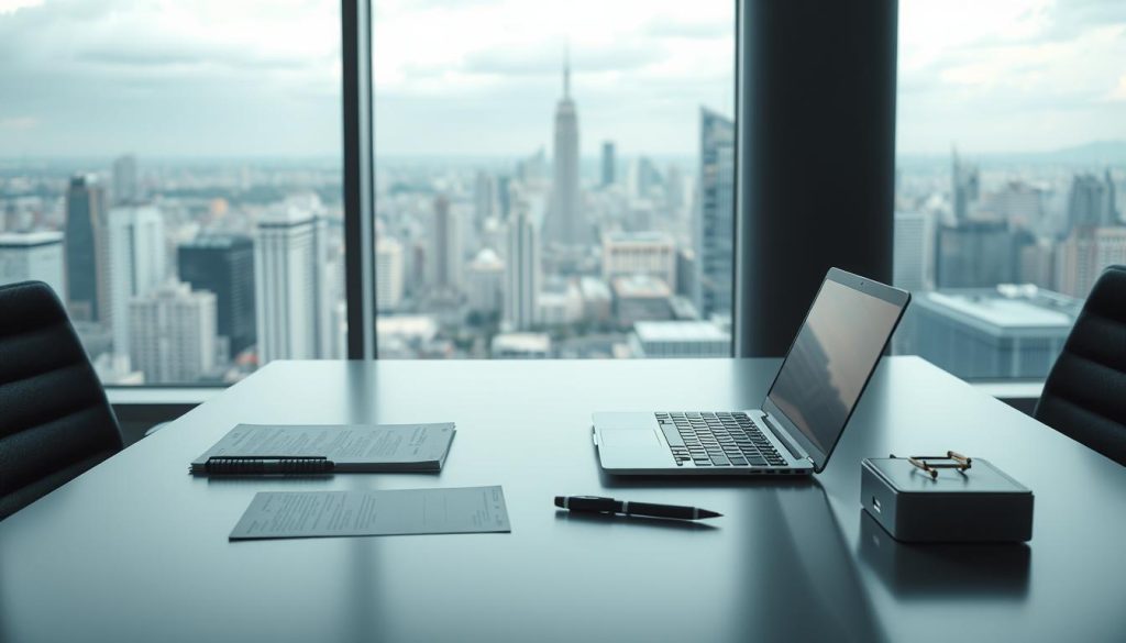 A serene, minimalist office scene showcasing the success of salarial portage in advanced economies. A sleek, modern desk with a laptop, pen, and papers arranged neatly. Soft, indirect lighting illuminates the space, creating a calm, professional atmosphere. In the background, floor-to-ceiling windows offer a panoramic view of a bustling city skyline, hinting at the thriving business environment. The overall composition exudes an air of efficiency, organization, and forward-thinking, reflecting the advantages of salarial portage in driving economic progress.