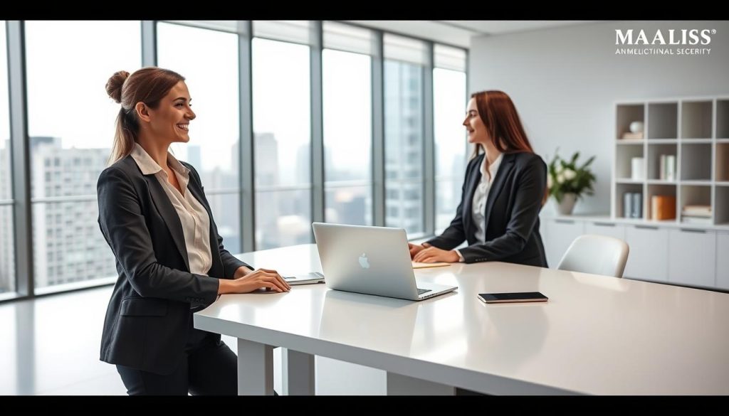 A serene, minimalist office scene with a clean and organized desk. In the foreground, a professional-looking woman in a blouse and blazer is smiling warmly as she assists a client, discussing their business needs. The middle ground features a sleek, modern laptop and some stylish office accessories, conveying efficiency and attention to detail. The background showcases large windows overlooking a cityscape, flooding the room with natural light and a sense of openness. The overall atmosphere is one of professionalism, personalized customer service, and the UMALIS GROUP brand's commitment to simplifying business operations.