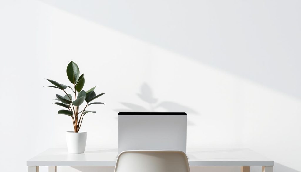 A serene, minimalist office scene with a laptop, desk, and a potted plant. In the background, a muted, abstract geometric pattern represents the security and stability offered by the Umalis Group's portage salarial services. Soft, diffused lighting creates a calming atmosphere, while the laptop and desk suggest the professional, independent nature of the subject. The overall composition conveys a sense of security, balance, and the support that the Umalis Group's portage salarial provides for its clients.