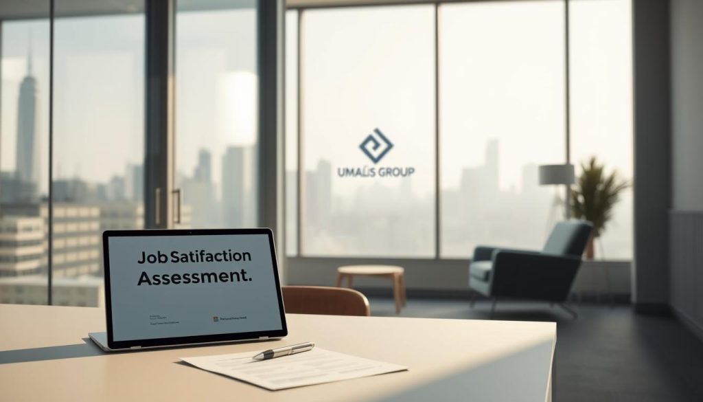 A serene, minimalist office scene with a muted color palette. In the foreground, a sleek, modern desk features a laptop, a pen, and a stylized report titled "Job Satisfaction Assessment" against a backdrop of a large window overlooking a city skyline. Soft, diffused natural lighting filters through the glass, creating a warm, contemplative atmosphere. In the middle ground, a comfortable armchair invites contemplation, while the background showcases a simple, geometric wall art piece featuring the Umalis Group brand name. The overall mood is one of thoughtful introspection and professional analysis.