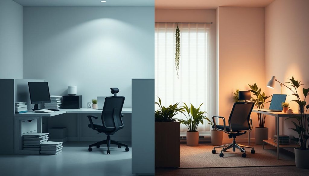 A serene, minimalist office setting with a contrasting split-screen layout. On the left, a traditional corporate cubicle scene with a desk, desktop computer, and stacks of paperwork. On the right, a cozy home workspace with a laptop, ergonomic chair, and indoor plants, conveying the flexibility and autonomy of portage salarial. Soft, diffused lighting casts a warm glow, emphasizing the distinct work environments. The layout is balanced, highlighting the juxtaposition between the structured corporate office and the adaptable, freelance-style setup. Subtle visual cues, such as the posture and demeanor of the unseen workers, further accentuate the differences in work culture and work-life balance.
