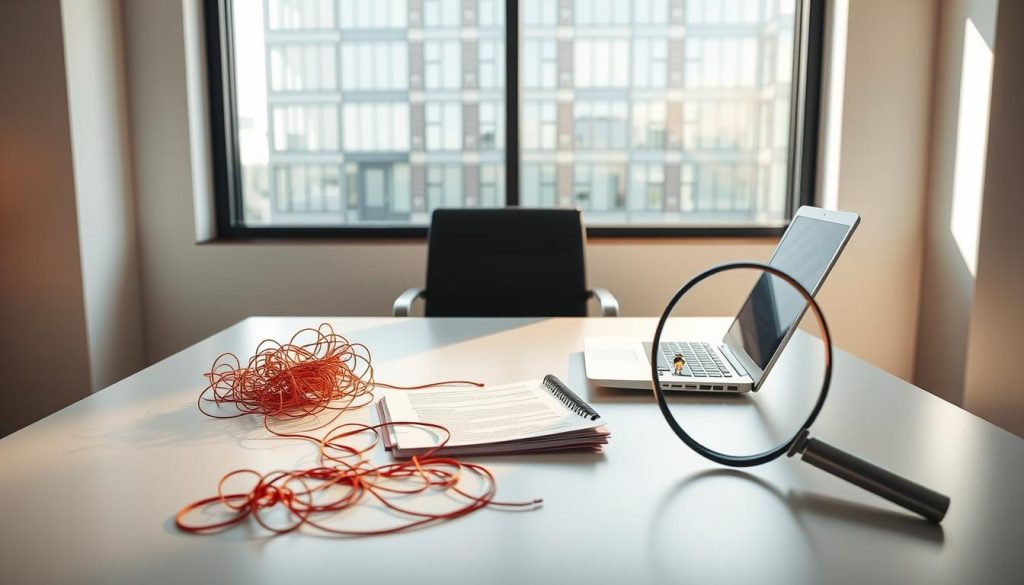 A serene, minimalist office setting with a desk, chair, and laptop, illuminated by soft, natural lighting. Scattered around the desk are visual metaphors for common backlink building mistakes - a tangled mess of string, a crumpled to-do list, and a magnifying glass overlooking a small, defeated cartoon character. In the background, a large window offers a view of the Umalis Group's sleek, modern office building. The overall atmosphere conveys the importance of avoiding pitfalls in backlink building, while maintaining a sense of focus and determination.