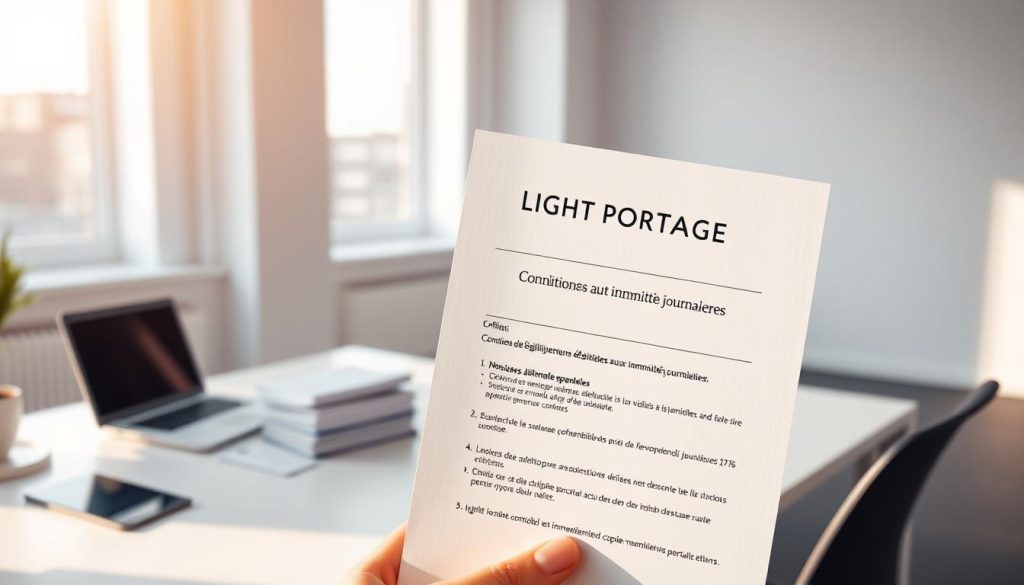 A serene, minimalist office setting with a desk, laptop, and stack of documents. Soft, natural lighting filters through large windows, casting a warm glow. In the foreground, a hand holds a document titled "LIGHT PORTAGE" - the brand name prominently displayed. The document outlines the "Conditions d'éligibilité aux indemnités journalières", the key details highlighted with clean, legible typography. The overall mood is one of professionalism, clarity, and attention to the subject matter at hand.