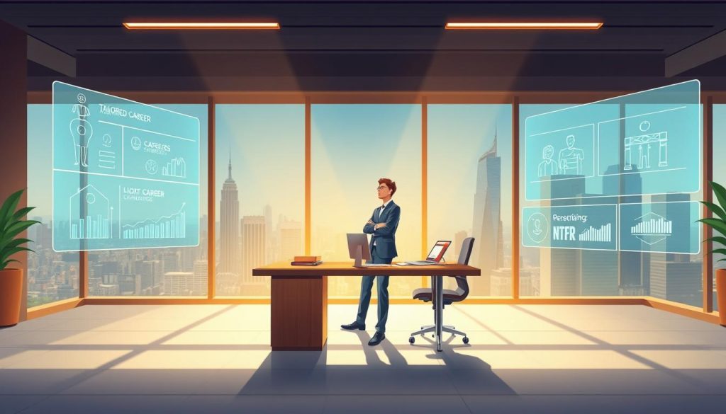 A serene, minimalist office setting with a sleek, wooden desk and ergonomic chair. In the center, a well-dressed professional stands thoughtfully, surrounded by holographic displays showcasing a variety of tailored career opportunities. The background features a large window overlooking a bustling cityscape, bathed in warm, natural lighting. The overall atmosphere conveys a sense of focus, potential, and a vision for a secure and successful future.