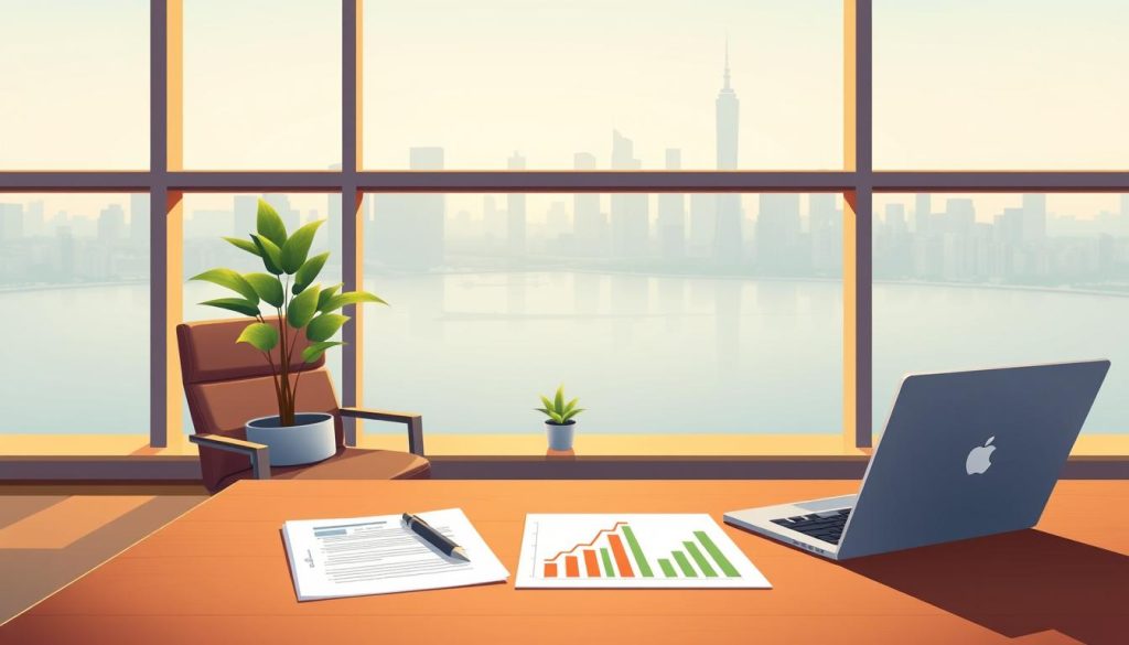A serene, minimalist office setting with an expansive panoramic window overlooking a tranquil cityscape. In the foreground, a wooden desk with a laptop, a stack of financial documents, and a pen resting on a stylized graph representing an investment portfolio. The middle ground features a sophisticated leather chair and a potted plant, symbolizing the balance between technology and nature in modern finance. The background is illuminated by warm, natural lighting, creating a calming and focused atmosphere, ideal for strategic financial planning and optimization.