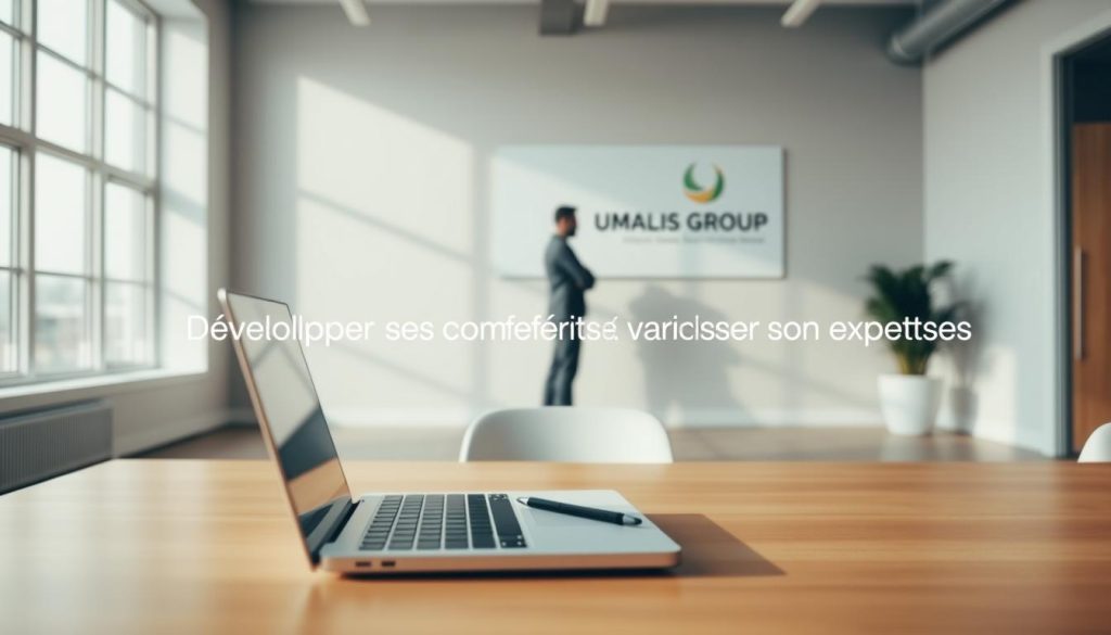 A serene, minimalist office setting with natural light streaming through large windows. In the foreground, a laptop and notebook on a clean, wooden desk, symbolizing the tools of the trade. In the middle ground, a human figure standing in contemplation, representing the focus on personal development. The background features the Umalis Group logo, signifying the support and resources available for upskilling. Soft, warm tones create an atmosphere of tranquility and growth, complementing the section title "Développer ses compétences et valoriser son expertise".
