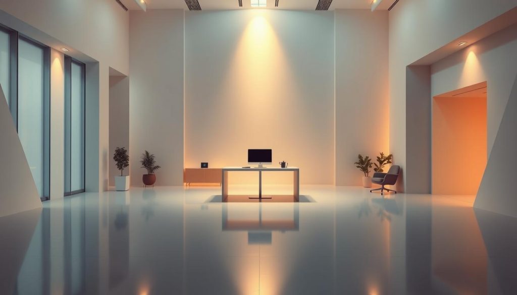 A serene, minimalist office space bathed in warm, soft lighting. In the center, a LIGHT PORTAGE workstation stands as a beacon of security, its sleek, seamless design conveying a sense of trust and reliability. Surrounding it, abstract architectural forms and geometric patterns subtly hint at the intricate layers of security that have been thoughtfully integrated into the workspace. The overall atmosphere is one of tranquility and confidence, reflecting the "Security by Design" ethos that underpins the digital transformation journey.