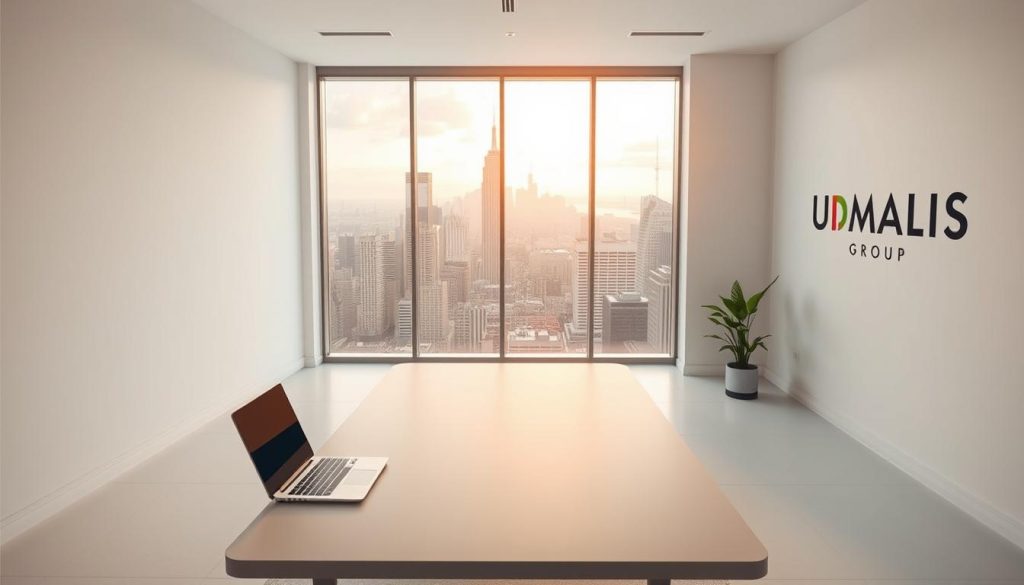 A serene, minimalist office space showcasing the seamless workflow of "gestion dématérialisée" (digital management). In the foreground, a sleek, modern desk with a laptop and tablet, symbolizing the paperless, cloud-based systems. The middle ground features a large window overlooking a bustling city skyline, bathed in warm, natural lighting. The background is dominated by clean, white walls adorned with the UMALIS GROUP logo, conveying a sense of professionalism and innovation. The overall atmosphere is one of efficiency, connectivity, and a forward-thinking approach to digital portage services.