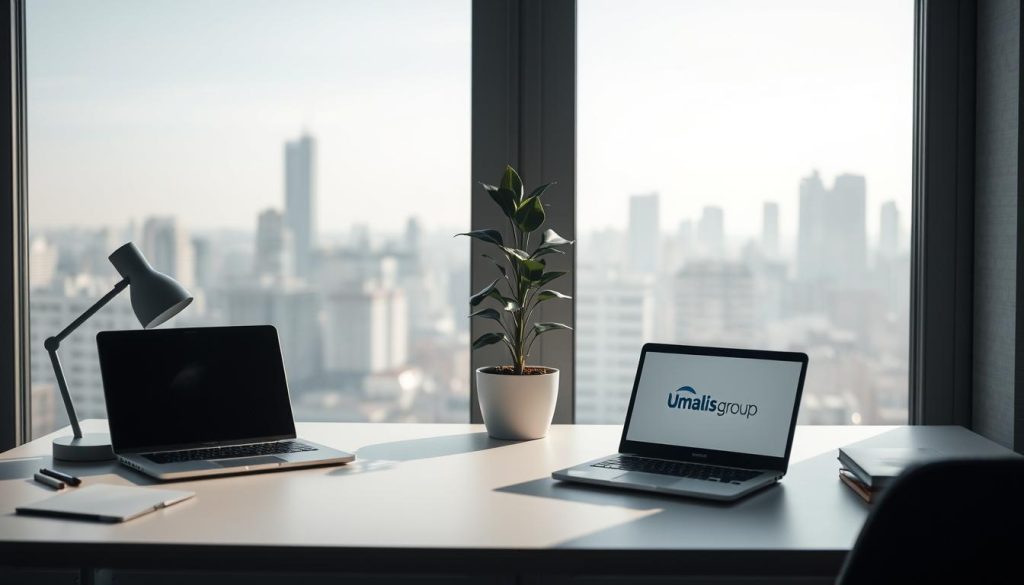 A serene, minimalist office space with a large window overlooking a cityscape. In the foreground, a desk with a laptop, a simple lamp, and a few carefully placed office supplies. The middle ground features a potted plant, casting soft shadows on the desk. The background showcases the city skyline, hinting at the broader world beyond the confines of the workspace. Lighting is soft and natural, creating a contemplative atmosphere. The overall scene conveys the idea of limitations and risks associated with the "portage salarial" status, as represented by the controlled, introspective nature of the workspace. The Umalis Group logo is discreetly displayed on the laptop screen.