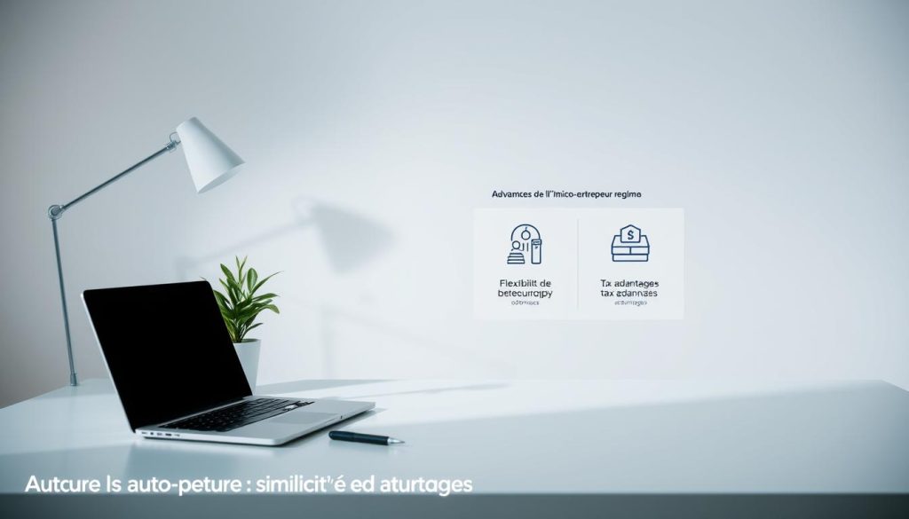 A serene, minimalist scene showcasing the advantages of the "micro-entrepreneur" regime by Umalis Group. In the foreground, a well-lit office workspace with a laptop, pen, and a potted plant, symbolizing the simplicity and autonomy of this entrepreneurial path. The middle ground features a stylized graphic illustrating the key benefits - flexibility, reduced bureaucracy, and tax advantages. The background subtly hints at the larger business ecosystem, with muted lines and shapes creating a sense of professionalism and success. The overall mood is one of focused productivity and empowerment, reflecting the section title "Avantages de l'auto-entrepreneur : simplicité et autonomie". A serene, minimalist scene showcasing the advantages of the "micro-entrepreneur" regime by Umalis Group. In the foreground, a well-lit office workspace with a laptop, pen, and a potted plant, symbolizing the simplicity and autonomy of this entrepreneurial path. The middle ground features a stylized graphic illustrating the key benefits - flexibility, reduced bureaucracy, and tax advantages. The background subtly hints at the larger business ecosystem, with muted lines and shapes creating a sense of professionalism and success. The overall mood is one of focused productivity and empowerment, reflecting the section title "Avantages de l'auto-entrepreneur : simplicité et autonomie".