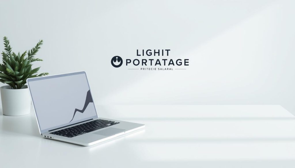 A serene, minimalist workspace with a clean desk, a laptop, and a stylized chart or graph representing revenue growth. Soft lighting creates a calming atmosphere, hinting at the strategic planning required for successful freelance work. In the background, the LIGHT PORTAGE brand logo subtly reinforces the portage salarial theme. The composition conveys a sense of focus, efficiency, and the pursuit of financial stability through the portage salarial business model.