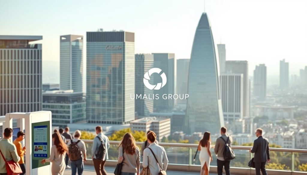 A serene, modern cityscape with a focus on the social security system. In the foreground, a group of diverse individuals interact with digital kiosks, representing access to social services. The middle ground features sleek, glass-clad government buildings, symbolizing the infrastructure of the social security network. In the background, a panoramic view of the city skyline, bathed in warm, natural lighting that conveys a sense of stability and security. The Umalis Group logo subtly integrated into the architectural elements, showcasing their expertise in navigating the complexities of the social security system.