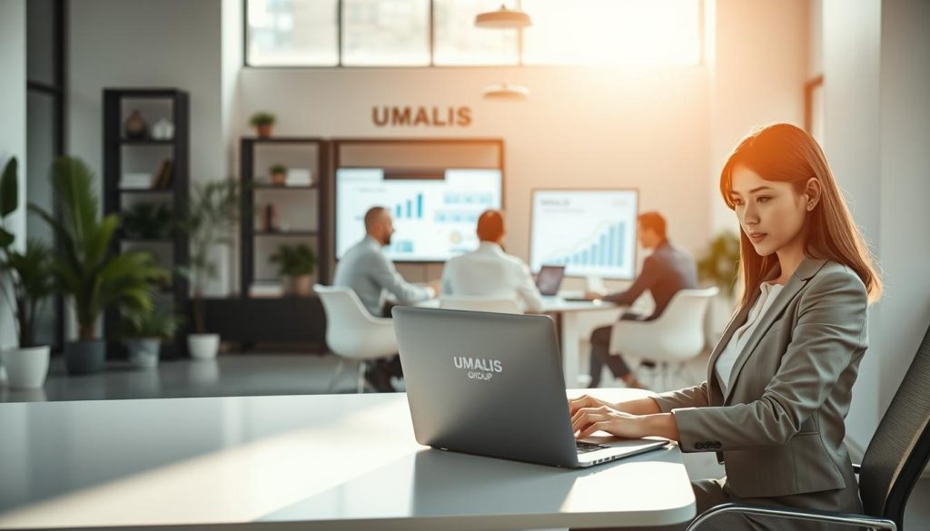A serene, modern office environment featuring a diverse group of professionals engaged in administrative tasks related to "portage salarial." In the foreground, a confident businesswoman in professional attire is seated at a sleek desk, reviewing documents with a laptop open, illuminated by soft, natural light streaming through a large window. In the middle, a mixed group of men and women, also in business attire, collaborates around a circular table, discussing strategies with charts and graphs displayed on a digital screen behind them. In the background, a minimalist design that includes plants, bookshelves, and subtle branding of "UMALIS GROUP." The overall atmosphere conveys efficiency and clarity, symbolizing simplified administrative management. Use a slight depth of field to keep the focus on the foreground, creating a warm and inviting mood.