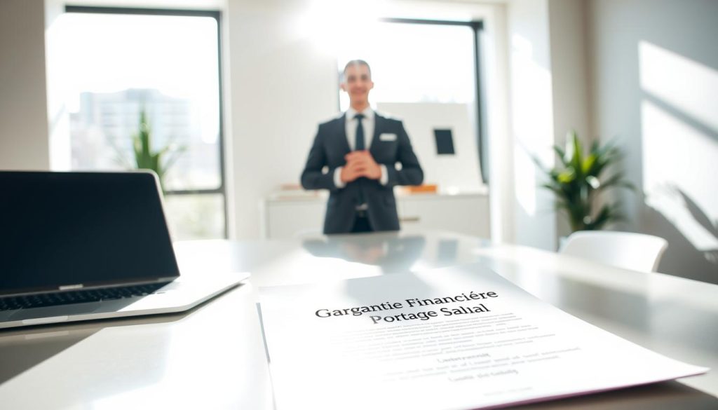 A serene, modern office setting, sunlight streaming through large windows. In the foreground, a sleek desk with a laptop and a prominent "Umalis Group" logo. On the desk, a contract or document titled "Garantie Financière Portage Salarial", conveying a sense of security and protection. In the middle ground, a professional-looking person in business attire, hands clasped, conveying trust and reliability. The background features minimalist decor, with subtle hints of the company's brand colors. The overall scene exudes a tone of financial stability, legal compliance, and the reassurance of the "Umalis Group" guarantee.