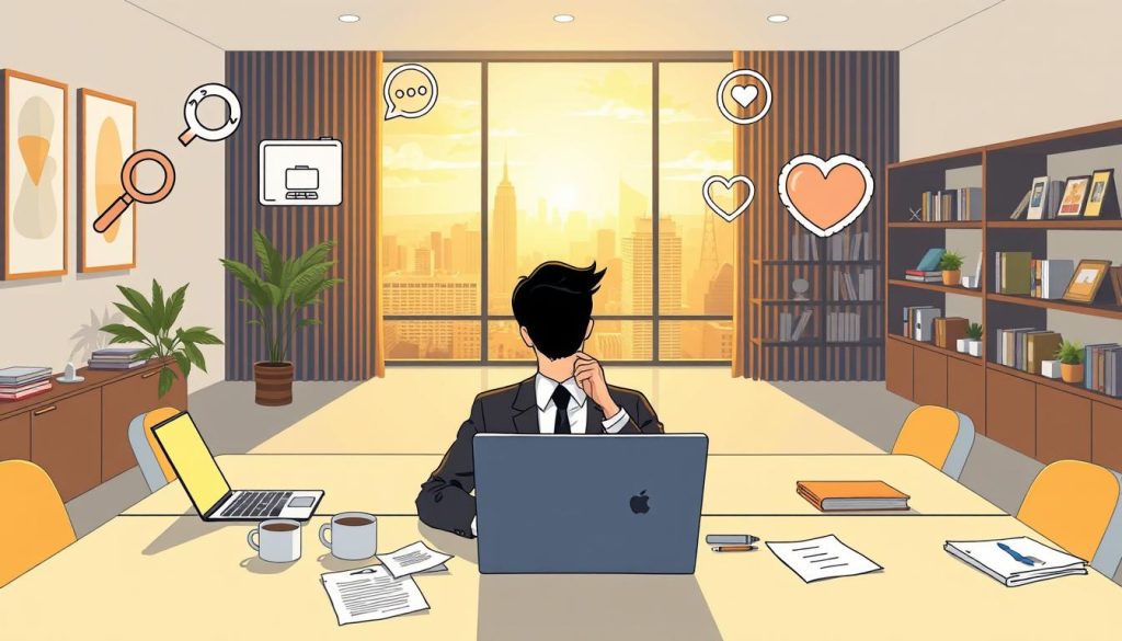 A serene, modern office setting with a large, well-lit desk. On the desk, a laptop, a cup of coffee, and several documents neatly organized. In the foreground, a businessperson sits at the desk, deep in thought, surrounded by icons and symbols representing customer-centric strategies, such as a magnifying glass, a speech bubble, and a heart. The middle ground features a large window overlooking a bustling city skyline, bathed in warm, golden afternoon light. The background showcases shelves filled with books and framed artwork, creating a sophisticated, professional atmosphere. The overall mood is one of focused, strategic contemplation.