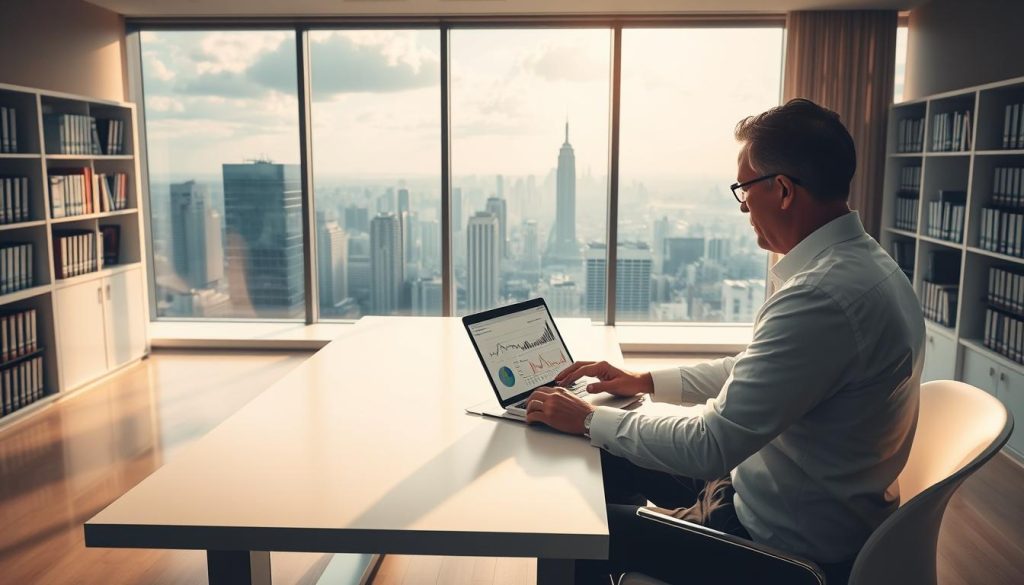 A serene, modern office setting with a large window overlooking a bustling city skyline. In the foreground, a UMALIS GROUP executive sits at a sleek, minimalist desk, intently studying financial documents. The lighting is soft and warm, creating a contemplative atmosphere. On the desk, a laptop displays complex charts and graphs, representing the fiscal strategies and optimization techniques being explored. The middle ground features bookcases filled with reference materials, while the background showcases the cityscape, a symbol of the broader economic landscape. The overall scene conveys a sense of diligent, sophisticated fiscal management, reflecting the "Stratégies d'Optimisation Fiscale pour Indépendants" focus of the article.