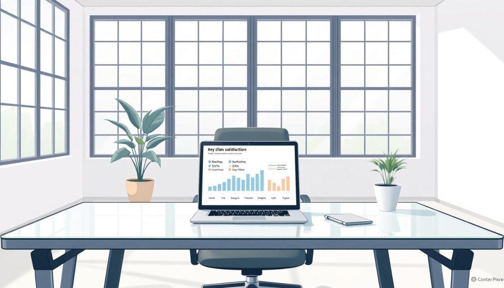 A serene, modern office setting with a minimalist design. In the foreground, a sleek, glass-topped desk displays a minimalist laptop, a pen, and a subtle chart visualizing key client satisfaction metrics - ratings, reviews, and customer testimonials. The middle ground features a comfortable, ergonomic chair and a stylized potted plant, creating a balanced, professional atmosphere. The background showcases large windows providing ample natural light, conveying a sense of transparency and openness. The lighting is soft and diffused, creating a warm, inviting ambiance. The overall scene exudes a sense of efficiency, attention to detail, and a focus on delivering exceptional freelance services.