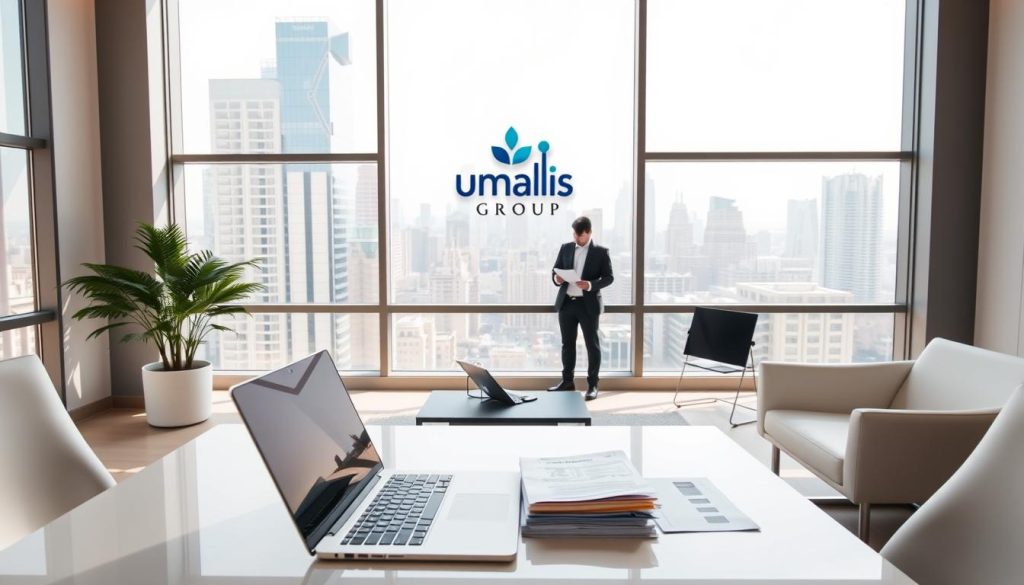 A serene, modern office setting with sleek, minimalist furniture and large windows allowing natural light to flood the space. In the center, a Umalis Group logo is prominently displayed on the wall, exuding a sense of professionalism and trust. In the foreground, a laptop and documents are arranged neatly on a desk, conveying the organized nature of the "assurance missions freelance" workflow. The middle ground features a person, dressed in formal attire, confidently reviewing paperwork, symbolizing the security and financial assurance provided to freelancers. The background depicts a bustling city skyline, hinting at the global reach and opportunities available through Umalis Group's services. The overall atmosphere is one of efficiency, reliability, and empowerment for freelance professionals.