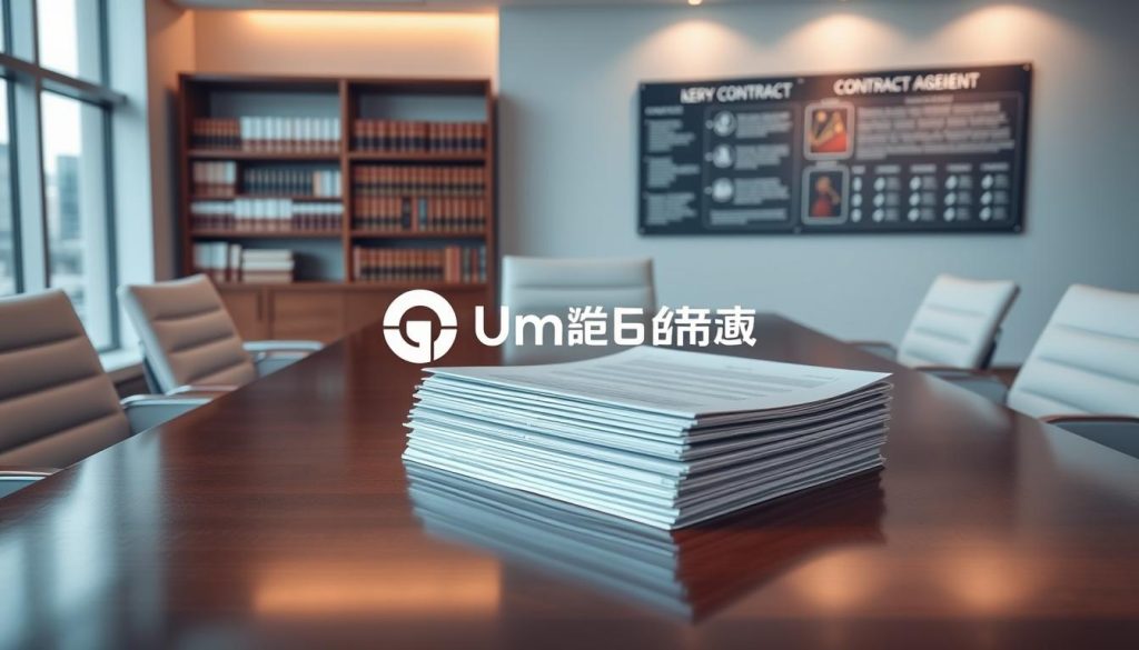 A serene, modern office setting with sleek, minimalist furniture and large windows overlooking a cityscape. On a polished wooden desk, a stack of neatly organized contracts and legal documents, accompanied by a stylized Umalis Group logo. The lighting is soft and diffused, creating a professional yet inviting atmosphere. In the background, a bookshelf filled with legal tomes and a wall-mounted display showcasing key aspects of contract management and legal frameworks. The overall composition conveys a sense of order, structure, and attention to detail, reflecting the "基本定义与法律框架" subject matter.