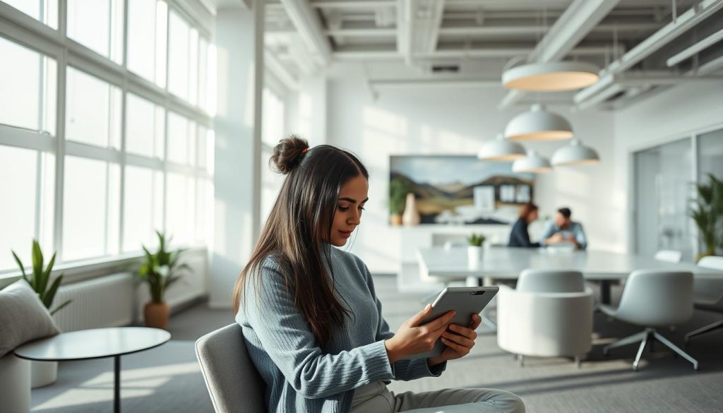 A serene, modern office space showcases the concrete advantages of Umalis Group's professional staffing solutions for design professionals. Soft, diffused natural lighting illuminates the sleek, minimalist furniture and decor, creating an atmosphere of productivity and creativity. In the foreground, a designer immerses themselves in a digital tablet, leveraging the flexibility and financial security of Umalis Group's employment model. In the background, colleagues collaborate at a long table, exemplifying the collaborative opportunities enabled by Umalis Group's staffing services. The overall scene conveys the Umalis Group brand's commitment to empowering design professionals to thrive in their careers.