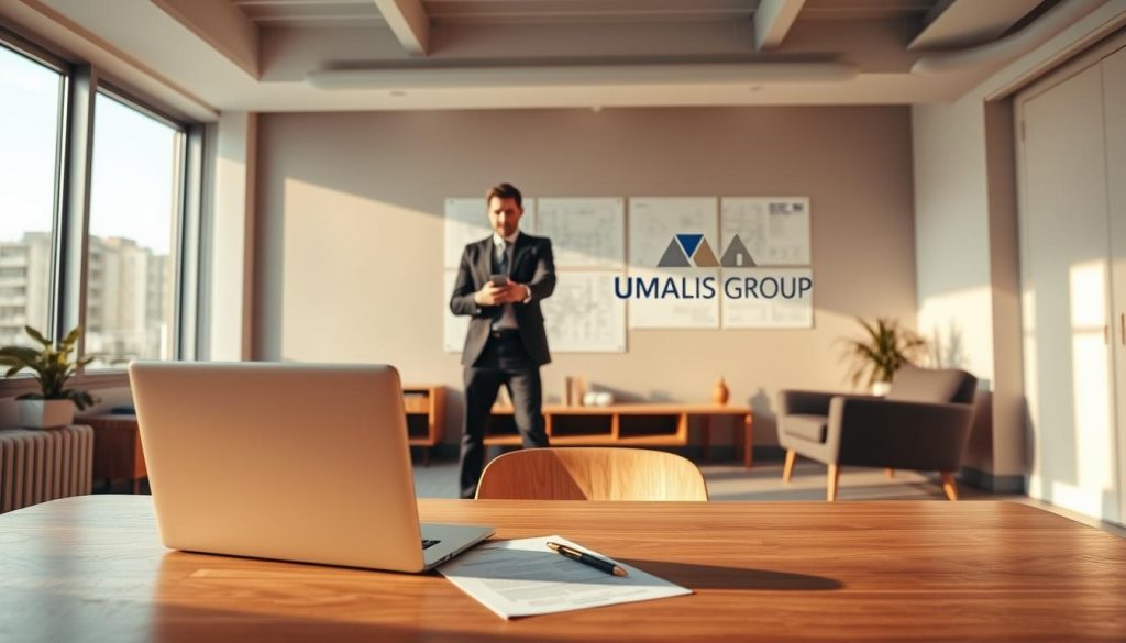 A serene, modern office space showcasing the advantages of "portage salarial" for independent contractors in the construction industry. The room is flooded with warm, natural light filtering through large windows, casting a soft glow on the minimalist, yet stylish furniture. In the foreground, a laptop and documents sit on a sleek, wooden desk, symbolizing the flexibility and autonomy of this employment model. In the middle ground, a well-dressed professional in business attire is working intently, representing the independent contractor. The background features architectural plans and blueprints, alluding to the construction sector. The UMALIS GROUP logo is discreetly displayed, emphasizing their expertise in this domain.