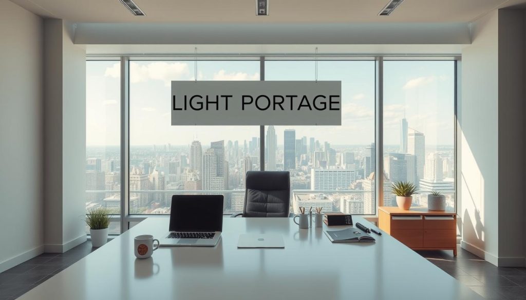 A serene, modern office space with a large, well-lit desk. On the desk, a laptop, a coffee mug, and various office supplies. Behind the desk, a floor-to-ceiling window offers a panoramic view of a bustling city skyline. Hanging on the wall, a sleek, minimalist sign displays the brand name "LIGHT PORTAGE" in a bold, modern font. The atmosphere is professional yet inviting, conveying the idea of a freelancer's productive and inspiring work environment.