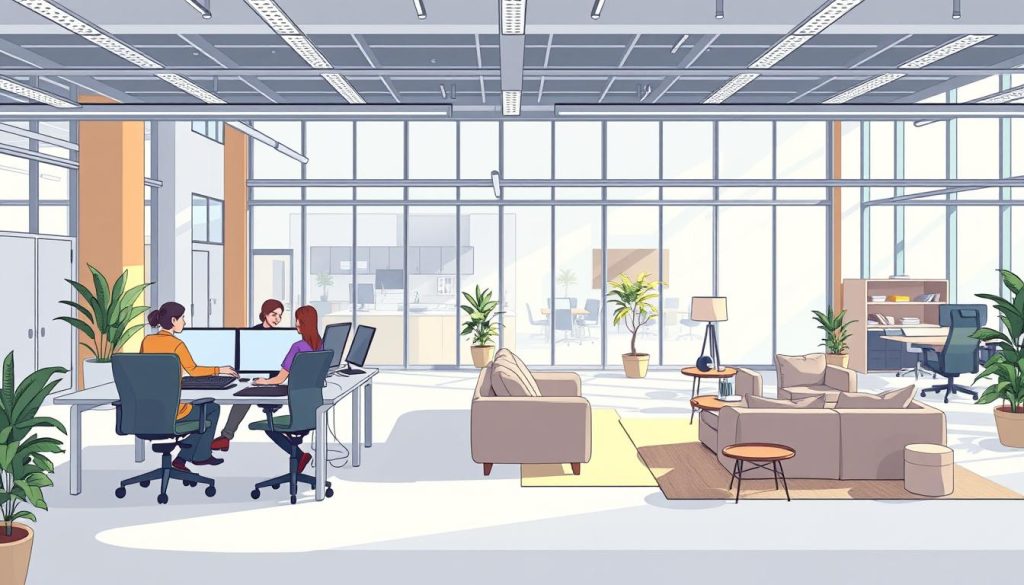 A serene, modern office space with an open floor plan and abundant natural light streaming through large windows. In the foreground, a group of employees collaborating at a flexible workstation, utilizing standing desks and comfortable ergonomic chairs. In the middle ground, a cozy lounge area with plush sofas and chairs, encouraging casual meetings and relaxation. The background features a variety of private nooks and shared workspaces, allowing employees to choose the environment most conducive to their tasks. The overall atmosphere is one of productivity, comfort, and a harmonious work-life balance.