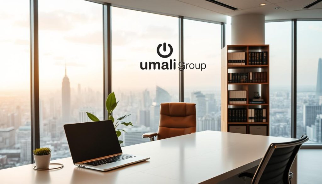 A serene, modern office space with large windows overlooking a bustling city skyline. In the foreground, a stylish, ergonomic desk with a sleek laptop and a potted plant. The mid-ground features a comfortable leather chair and a bookshelf filled with business-related tomes. The background showcases the Umalis Group logo, reflecting the professional and trustworthy nature of remote work under their "portage salarial" model. The lighting is soft and warm, creating a cozy, productive atmosphere. The overall scene conveys the advantages of remote work, including flexibility, security, and the ability to maintain a healthy work-life balance.