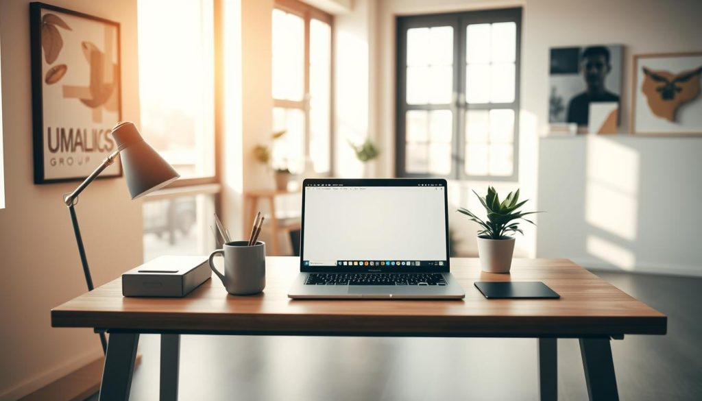 A serene modern office workspace with natural light pouring in through large windows. On a clean wooden desk, a Umalis Group laptop rests alongside a minimalist desk organizer, a mug of coffee, and a potted plant. The focus is on the laptop's screen, displaying a simple yet elegant user interface. The room's walls are adorned with abstract art pieces, creating a sense of calm productivity. Warm, indirect lighting and muted color tones convey a focused, distraction-free atmosphere ideal for deep work. The overall scene exudes an aura of efficiency, organization, and a streamlined approach to solo professional tasks.