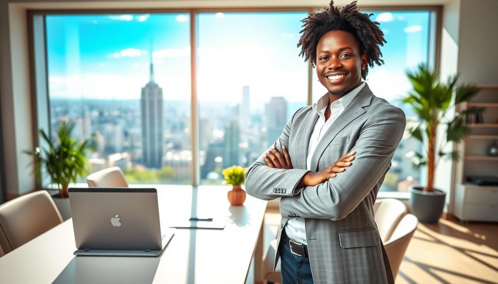A serene modern workspace depicting the concept of "portage salarial protection." In the foreground, a confident professional in business attire—mid-30s, African descent—stands with arms crossed, smiling, holding a tablet. In the middle ground, a sleek desk with a laptop, documents, and a small plant, symbolizing organization and clarity. In the background, large windows revealing a vibrant city skyline under a bright blue sky, creating an atmosphere of opportunity and growth. Soft natural lighting floods the scene, casting gentle shadows. Subtle elements, such as a logo of "Umalis Group" integrated into the workspace décor, reinforce the idea of professionalism and security. The mood is optimistic and empowering, reflecting the essence of being a mobile employee. A serene modern workspace depicting the concept of "portage salarial protection." In the foreground, a confident professional in business attire—mid-30s, African descent—stands with arms crossed, smiling, holding a tablet. In the middle ground, a sleek desk with a laptop, documents, and a small plant, symbolizing organization and clarity. In the background, large windows revealing a vibrant city skyline under a bright blue sky, creating an atmosphere of opportunity and growth. Soft natural lighting floods the scene, casting gentle shadows. Subtle elements, such as a logo of "Umalis Group" integrated into the workspace décor, reinforce the idea of professionalism and security. The mood is optimistic and empowering, reflecting the essence of being a mobile employee.