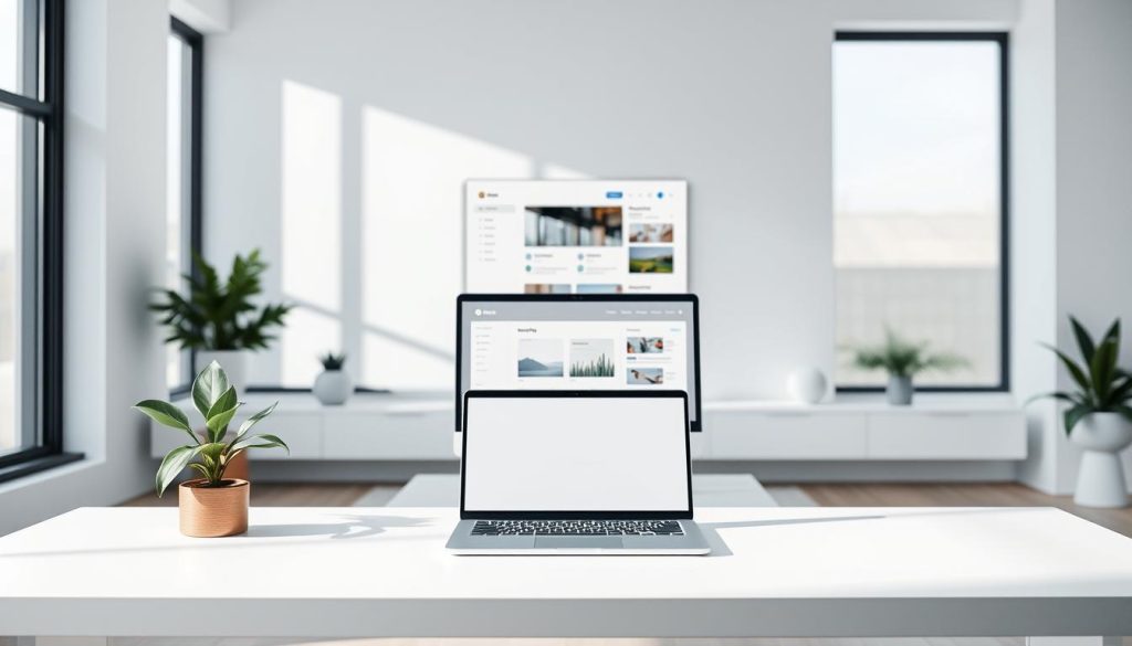 A serene, modern workspace showcasing the principles of minimalism and visual clarity. In the foreground, a sleek, white desk with a neatly positioned laptop and a single green plant offering a touch of nature. The middle layer features a large, clean interface displayed on the laptop screen, with an organized layout and soothing color palette, emphasizing user-friendly design. The background reveals a softly lit room with large windows illuminating the space with natural light, enhancing the feeling of openness and simplicity. The atmosphere is calm and professional, reflecting a dedication to efficiency and clarity. This image represents the essence of UMALIS GROUP's approach to UX/UI design. A serene, modern workspace showcasing the principles of minimalism and visual clarity. In the foreground, a sleek, white desk with a neatly positioned laptop and a single green plant offering a touch of nature. The middle layer features a large, clean interface displayed on the laptop screen, with an organized layout and soothing color palette, emphasizing user-friendly design. The background reveals a softly lit room with large windows illuminating the space with natural light, enhancing the feeling of openness and simplicity. The atmosphere is calm and professional, reflecting a dedication to efficiency and clarity. This image represents the essence of UMALIS GROUP's approach to UX/UI design.