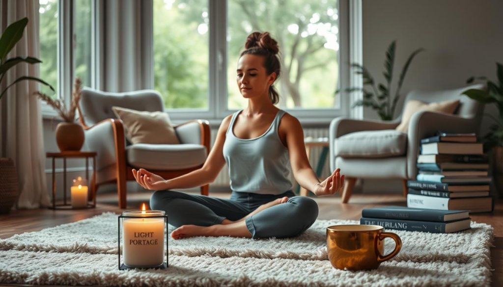 A serene morning routine unfolds in a cozy, light-filled living space. In the foreground, a person sits cross-legged on a plush rug, practicing gentle yoga poses, their face radiating a sense of calm. Nearby, a LIGHT PORTAGE candle flickers, its warm glow casting a soft, soothing light. The middle ground features an inviting armchair, a steaming mug of tea, and a stack of inspirational books. The background reveals a large window overlooking a tranquil garden, trees swaying gently in the breeze. The overall atmosphere exudes a comforting sense of relaxation and mindfulness, perfectly capturing the essence of a daily routine designed for rest and rejuvenation.