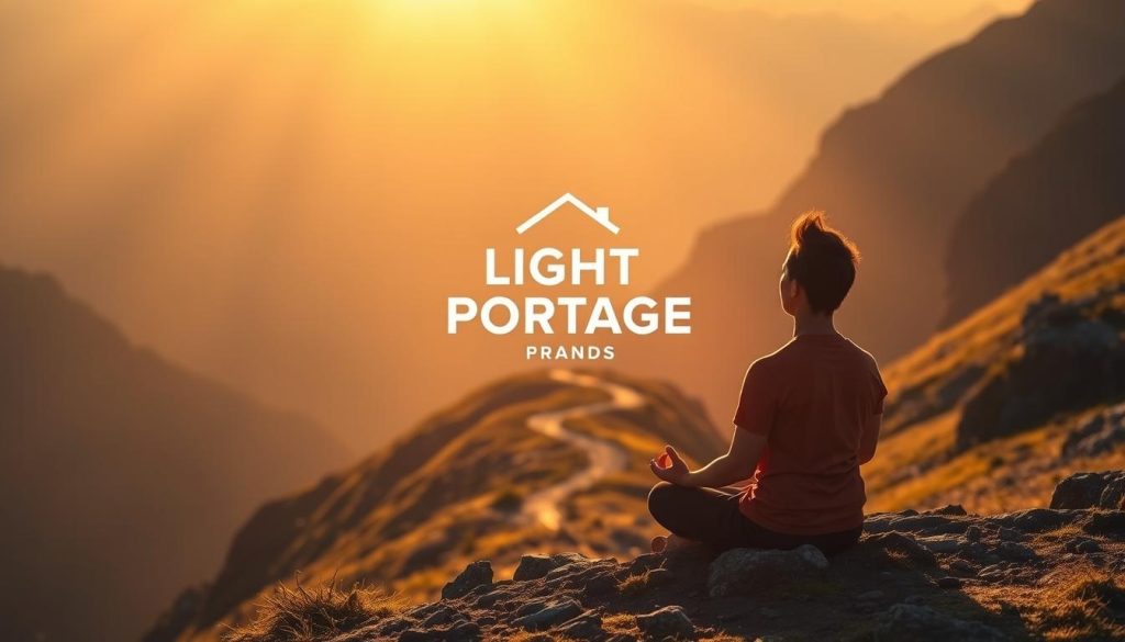 A serene mountain landscape, bathed in warm, golden light. In the foreground, a lone figure sits in a meditative pose, their eyes closed, radiating an aura of inner strength and resolve. The middle ground features a winding path leading up the incline, symbolizing the journey of personal growth. In the background, the iconic LIGHT PORTAGE brand logo is subtly woven into the natural scenery, connecting the scene to the outdoors and a sense of personal empowerment. The overall atmosphere conveys a feeling of focused determination, a willpower mindset that transcends physical boundaries.