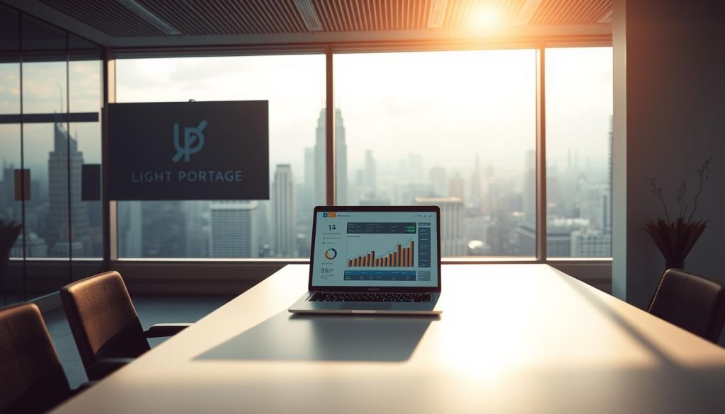 A serene office environment, bathed in warm, natural lighting. On a sleek, minimalist desk, a laptop displays a dashboard with key performance indicators and charts, symbolizing the continuous improvement process. In the background, a large window overlooking a bustling city skyline, representing the dynamic, ever-evolving nature of business. Prominently displayed on the wall is the Light Portage brand logo, subtly reinforcing the company's commitment to innovation and progress. The overall atmosphere conveys a sense of focus, productivity, and a relentless drive to optimize and enhance the customer experience.