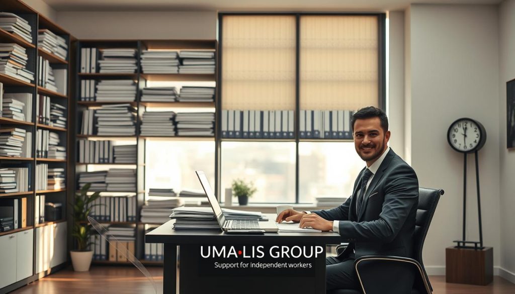 A serene office environment depicting "gestion administrative". In the foreground, a confident business professional in smart attire, sitting at a sleek desk cluttered with paperwork, a laptop open, and a cup of coffee beside them, looking focused and organized. In the middle ground, tall shelves filled with neatly arranged documents and records, showcasing the essence of effective administrative management. The background features a large window with soft, natural light streaming in, casting a warm glow that creates a calm and productive atmosphere. Subtle elements like a small potted plant and an elegant clock add to the environment's sophistication. Ensure the branding "UMALIS GROUP" is visibly included in the scene, reinforcing the connection to professional support for independent workers.