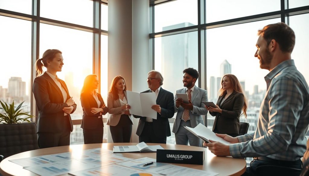 A serene office environment featuring a diverse group of professionals engaged in a lively discussion about retirement options, training, and long-term rights. In the foreground, a middle-aged woman in business attire confidently presents a document, while a younger man takes notes. The middle ground shows a round table filled with graphs and reports related to retirement plans, with warm, natural light filtering in from a large window. The background depicts a modern city skyline through the glass, symbolizing progress and future opportunities. The atmosphere is collaborative and optimistic, reflecting the importance of understanding retirement in a professional context. The brand name "UMALIS GROUP" is subtly integrated into the scene through a branded item on the table, like a notebook or a pen.