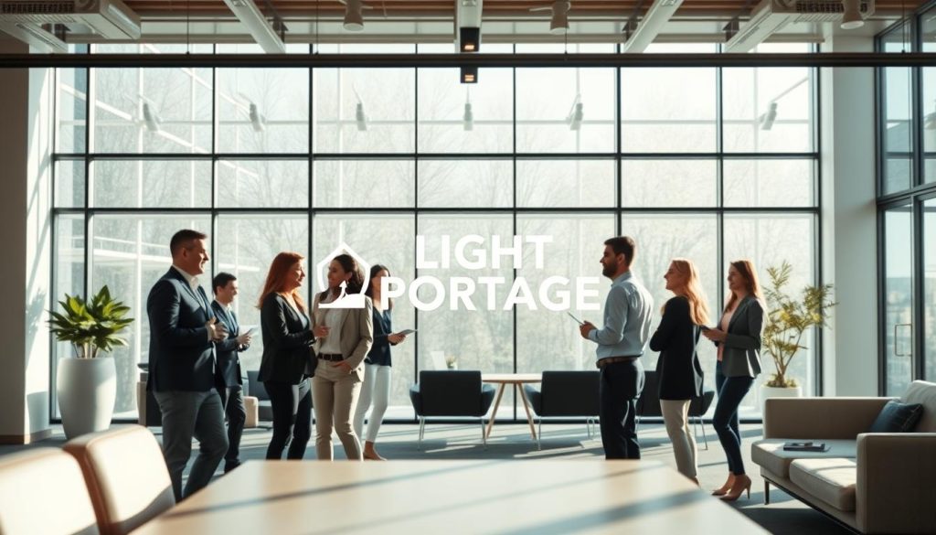 A serene office environment, flooded with natural light from large windows. In the foreground, a group of businesspeople engaged in a lively discussion, their faces alight with enthusiasm. In the middle ground, the LIGHT PORTAGE logo stands prominently, symbolizing the advantages of their tailored payroll solutions for client companies. The background features a mix of modern office furnishings and sleek, minimalist decor, conveying a sense of professionalism and efficiency. The overall mood is one of collaborative productivity, where the advantages of LIGHT PORTAGE's services are seamlessly integrated into the client's workflow.