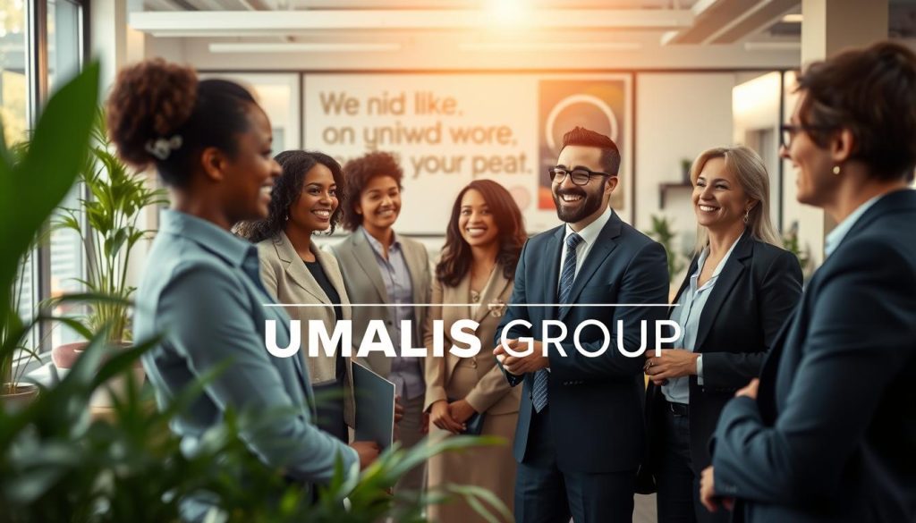 A serene office environment focused on recognition and well-being in the workplace. In the foreground, a diverse group of professional individuals, dressed in business attire, engage in a positive team meeting, smiling and exchanging ideas. The middle ground showcases a bright, inviting workspace with plants, comfortable seating, and motivational decor, emphasizing a supportive atmosphere. In the background, large windows let in natural light, illuminating the scene and creating an uplifting vibe. The angle is slightly above eye level, capturing the camaraderie and collaboration among colleagues. The overall mood is warm and encouraging, symbolizing the essence of workplace recognition and well-being. Incorporate the brand name "UMALIS GROUP" subtly within the scene as part of the decor.