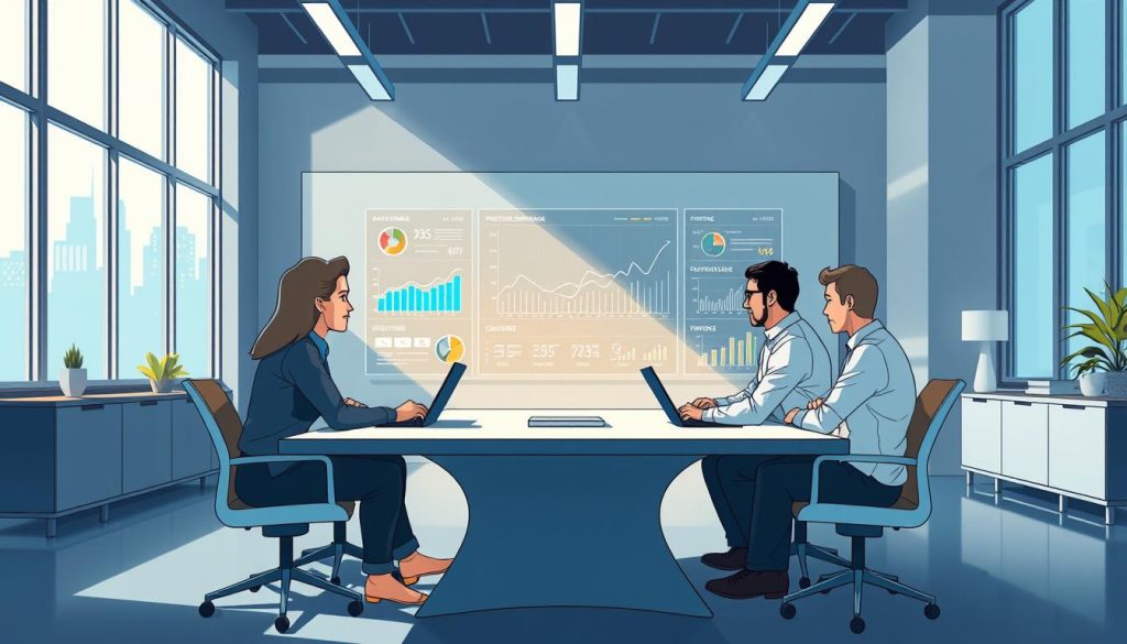 A serene office environment, illuminated by soft, natural lighting filtering through large windows. In the foreground, a team of professionals collaborating around a sleek conference table, their expressions focused and engaged as they discuss process optimization strategies. The middle ground features a digital dashboard displaying real-time performance metrics, highlighting key efficiency indicators. In the background, a minimalist, modern decor with clean lines and subtle accents, creating a sense of streamlined productivity. The overall atmosphere conveys a harmonious balance of strategic thinking and practical implementation, showcasing the power of process optimization in driving business success.