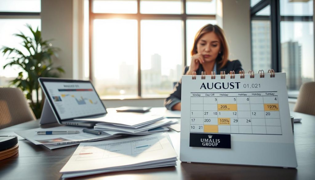 A serene office environment in August, focusing on a desk strewn with papers and a calendar with highlighted dates for unpaid days off and holidays. In the foreground, a professional employee in business attire, a woman with a thoughtful expression, is analyzing the documents, with a laptop displaying financial graphs beside her. The middle ground features soft, natural light streaming through large windows, creating a calm and focused atmosphere. In the background, a view of a sun-drenched cityscape signifies the summer month. The overall mood is reflective yet dedicated, emphasizing a strategic approach to managing unpaid days and vacation time. Incorporate the brand name "UMALIS GROUP" subtly into the scene, perhaps on a business card on the desk.