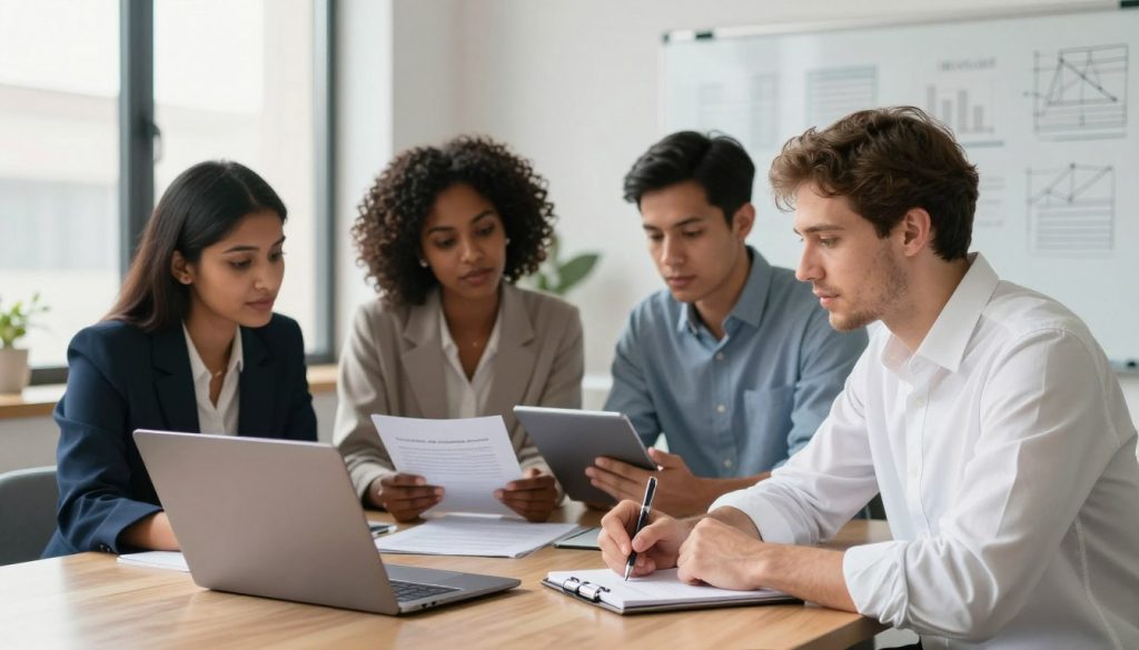 A serene office environment showcasing a diverse group of professionals engaged in a collaborative discussion about choosing a "société de portage salarial." In the foreground, a South Asian woman in smart business attire is pointing at a laptop, while a Caucasian man in a neatly pressed shirt takes notes with a pen. In the middle ground, a Black female colleague is reviewing a document, while a Hispanic male is consulting a tablet, all engaged and focused on the task. The background features a large window with soft, natural light streaming in, casting gentle shadows, and a whiteboard filled with business concepts. The atmosphere is focused, encouraging, and serene, symbolizing security and flexibility in career choices.