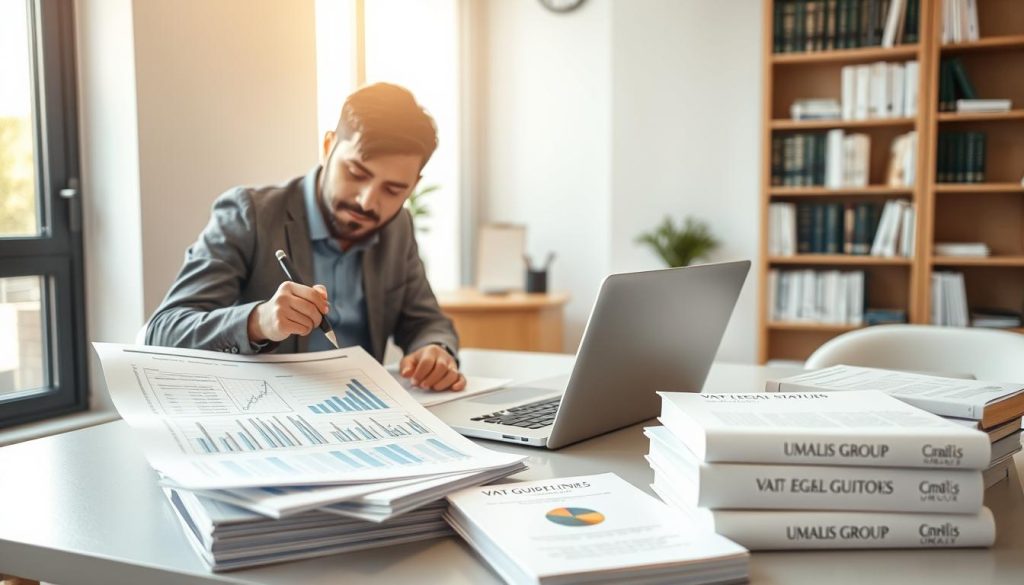 A serene office environment showcasing a freelance professional surrounded by documents related to legal statuses and VAT regulations. In the foreground, a focused individual in smart casual attire is analyzing a financial report, jotting down notes with a pen. The middle ground includes a modern desk with a laptop open, displaying graphs and charts, alongside a stack of legal books and VAT guidelines prominently positioned. In the background, soft natural light floods through a window, illuminating a bookshelf filled with business literature, creating a productive and inviting atmosphere. The overall mood is professional and analytical, emphasizing the importance of understanding legal frameworks for freelancers. Include subtle branding elements of "UMALIS GROUP" on the desk items.